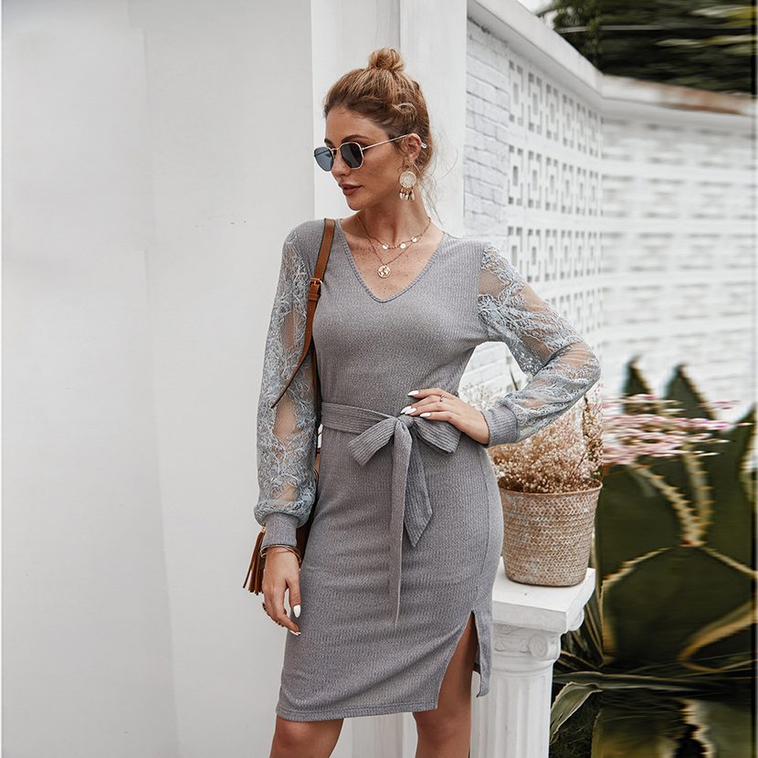 Lace Hollow Out Long Sleeve Knit Dress for Women Elegant Fit Casual Style Fall Winter Collection