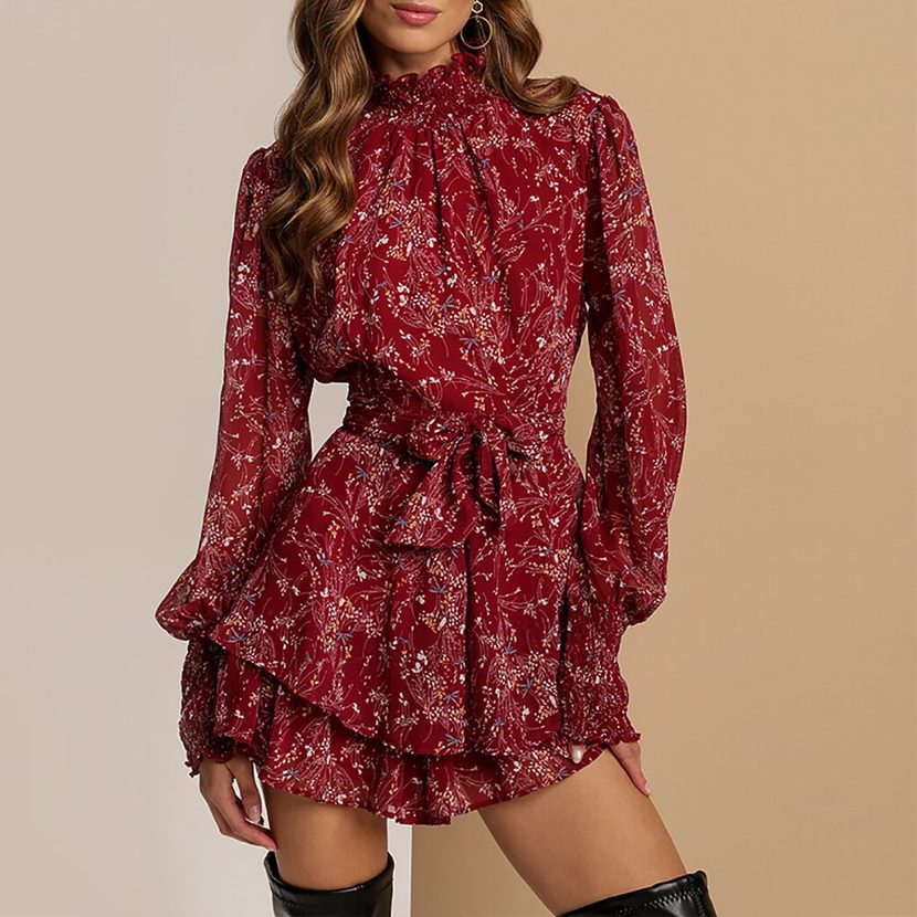 Floral Print Pleated Dress Waist Tie Ruffle Hem Elegant Style Spring Summer Fashion for Women Wh