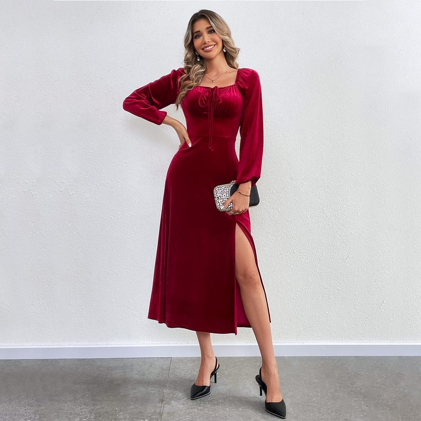Velvet Long Sleeve Dress Sexy Split Design Waist Cinching Square Neck Puff Sleeves Evening Party