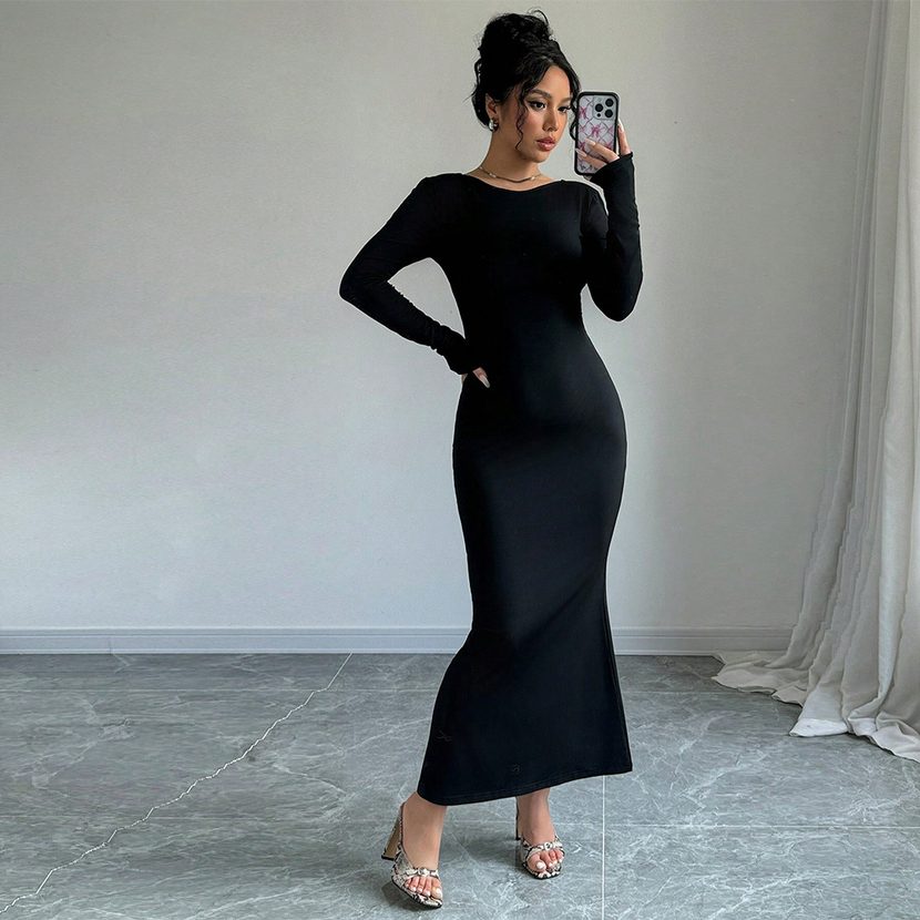 Elegant Backless Maxi Dress High Waist Bodycon Fit Long Sleeve Autumn Winter Fashion for Casual