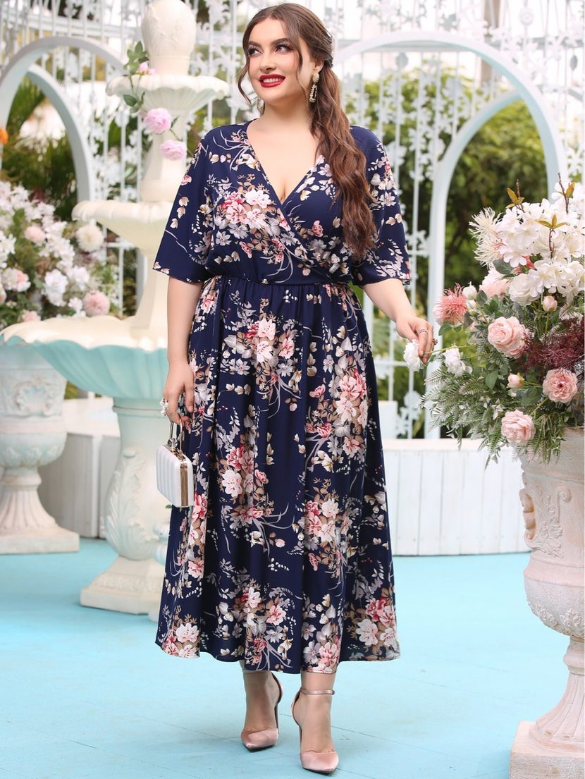 Plus Size Navy Blue Maxi Dress with Elastic Waist and Floral Print for Casual Wear Wholesale low MOQ