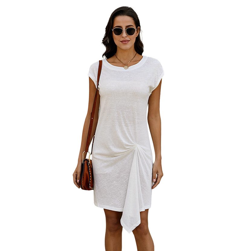 Knee Length Dress for Women Summer Collection Solid Color Round Neck Short Sleeve Asymmetrical D