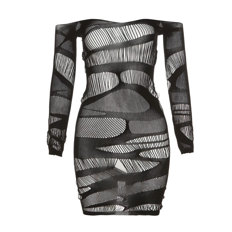 Off Shoulder Long Sleeve Bodycon Dress Sexy Mesh Fabric Slim Fit Fashionable Design Nightclub We