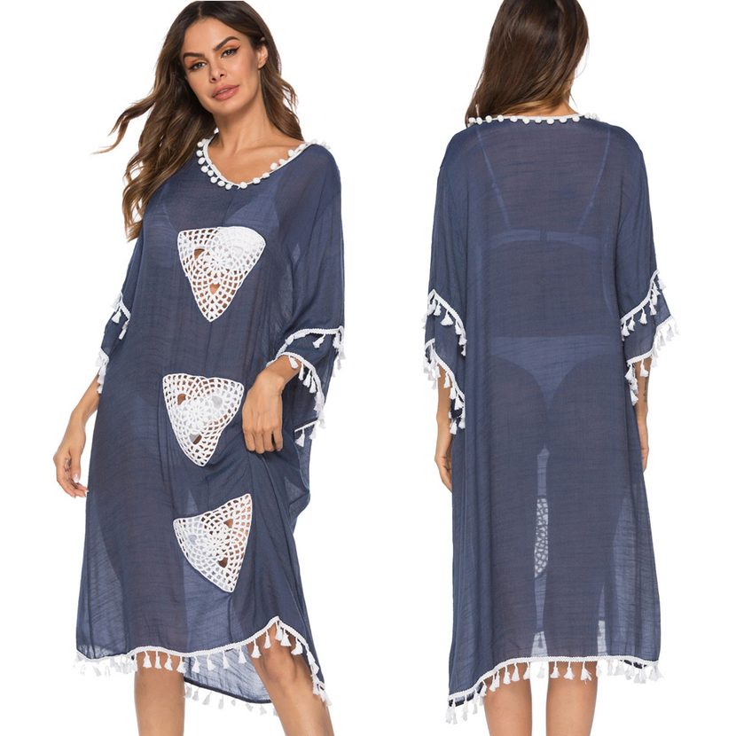 Womens Crochet Floral Patchwork Tassel Irregular Midi Beach Cover Up Dress Lightweight Bohemian