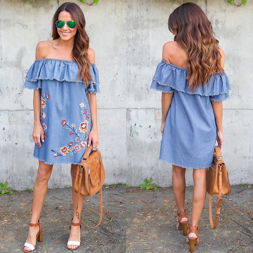 Embroidered Denim Dress Loose Fit Off Shoulder Ruffle Sleeve Spring Fashion Casual Wear Wholesal