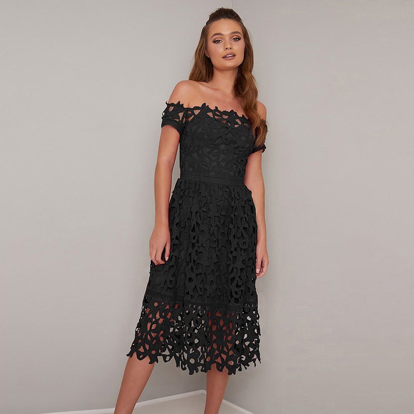 Lace Mini Dress for Women Off Shoulder Short Sleeve High Waist Midi Style Summer Occasion