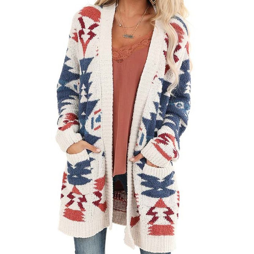 Womens Long Cardigan Sweater Winter Geometric Pattern Loose Fit Knit Fabric Wholesale Supply Ava