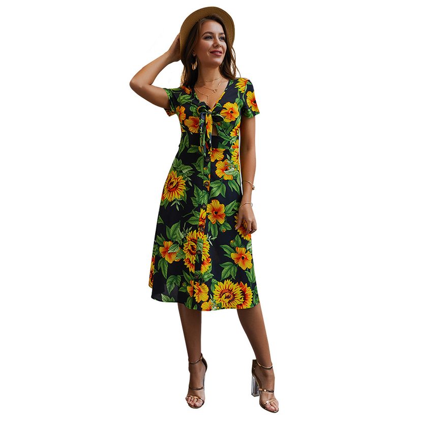 Summer Floral Print Tie Back Sexy Dress Original Design Womens Fashion Lightweight Fabric Perfec