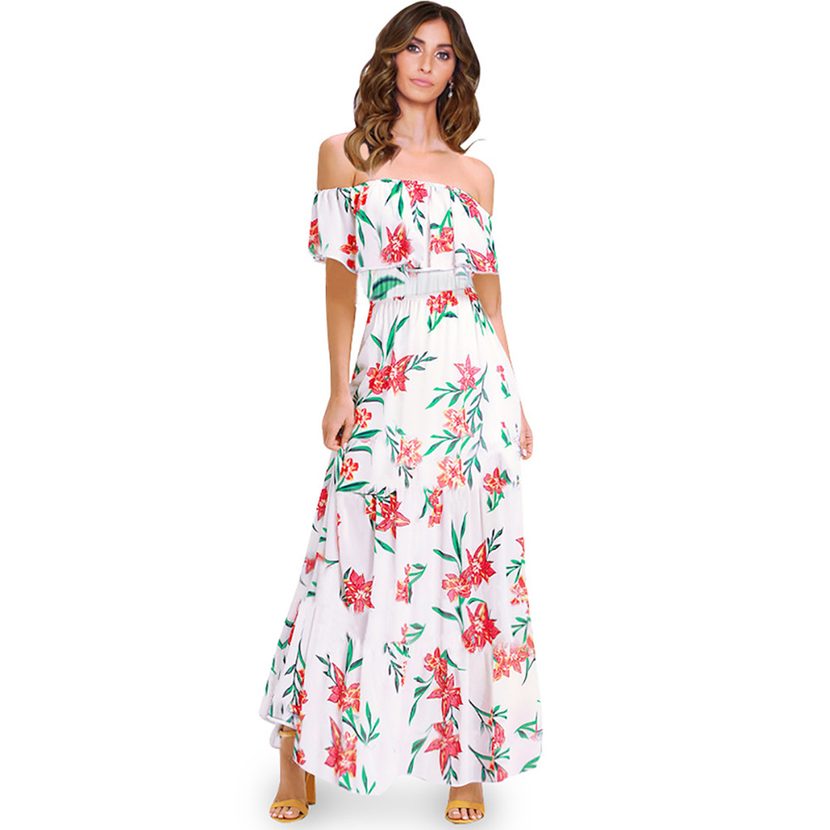 A Line Floral Print Dress for Women Short Sleeve Off Shoulder Neckline Summer Casual Wear