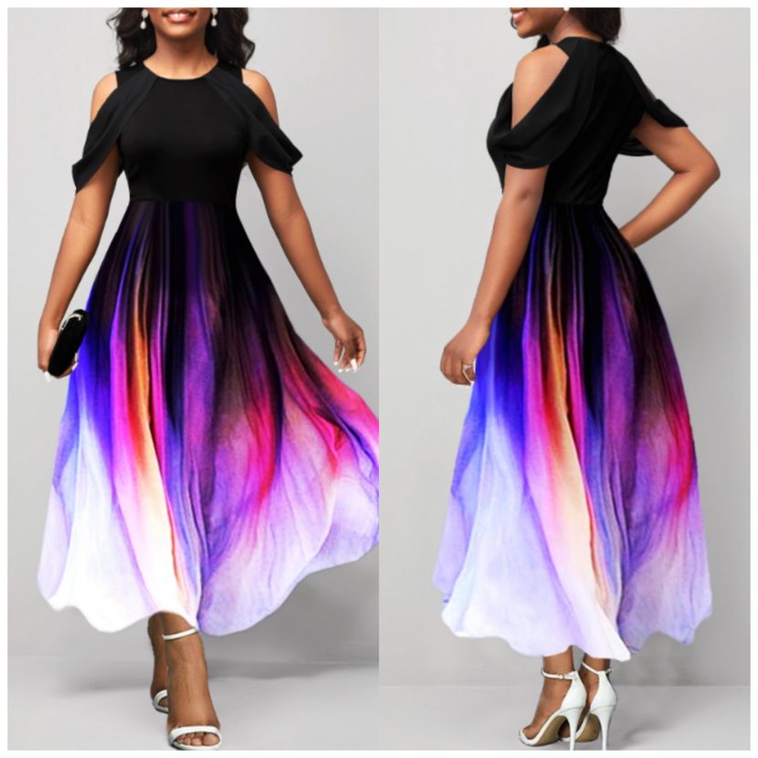 Gradient Print Short Sleeve Round Neck Maxi Dress for Women Spring Summer Fashion