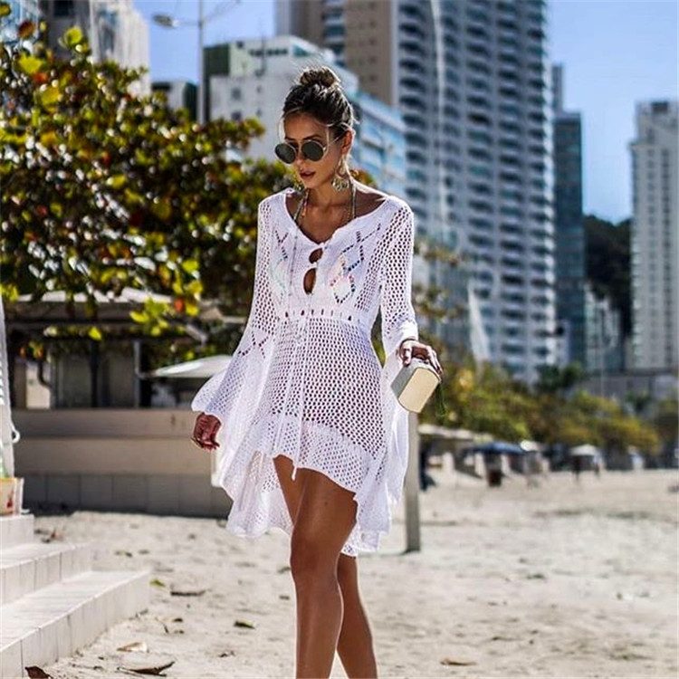 Irregular Deep V Sexy Hollow Out Knitted Beach Cover Up Dress Bell Sleeves Lightweight Fabric Su