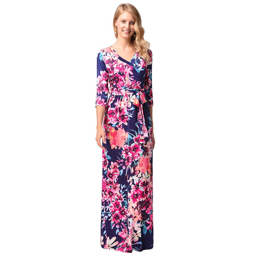 Floral Print Maxi Dress for Women V Neck Mid Sleeve Summer Casual Wear customizable