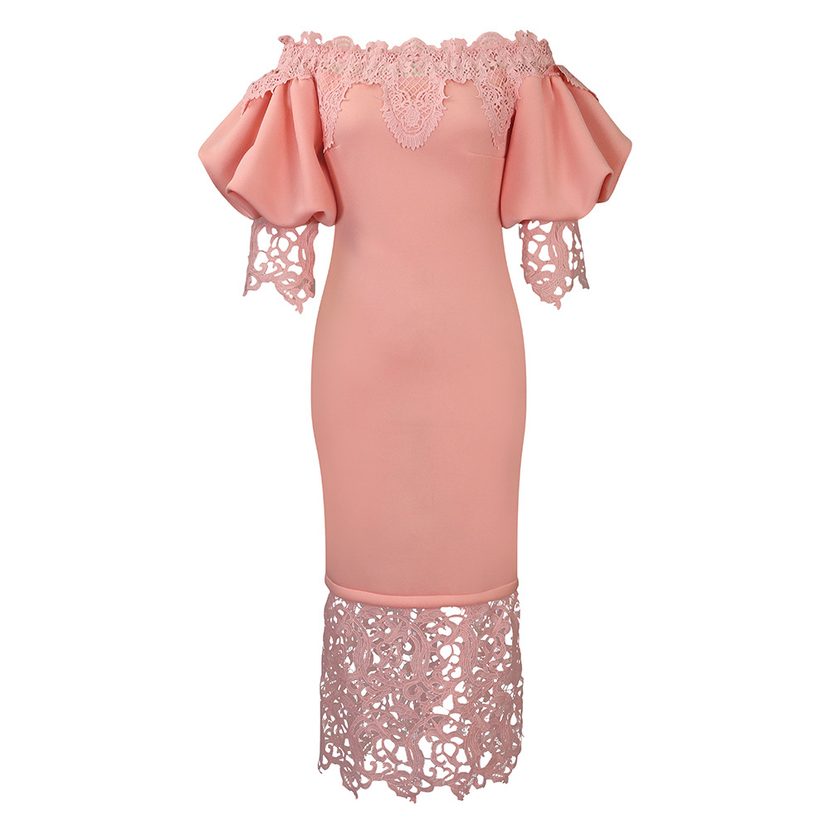Off Shoulder Lace Trimmed Evening Dress Lantern Sleeves Elegant Design Perfect for Parties Whole