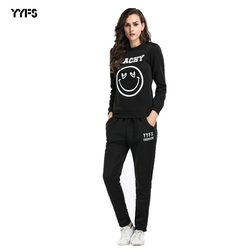 Womens Two Piece Set Smiley Face Print Sweatshirt and Pants Casual Style for Autumn and Winter