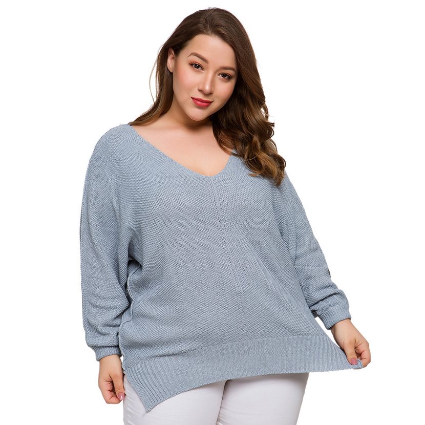 Plus Size Womens Knitted Sweater V Neck Split Hem Loose Fit Spring Summer Casual Wear Wholesale