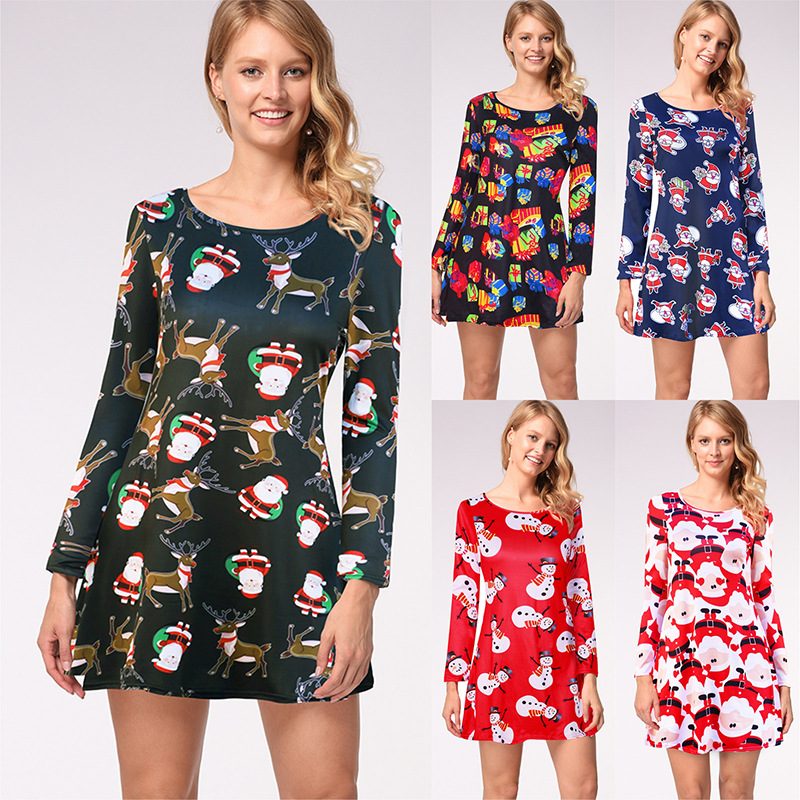 Long Sleeve Printed Dress Casual Style Autumn Winter Christmas Occasion Wholesale Available read