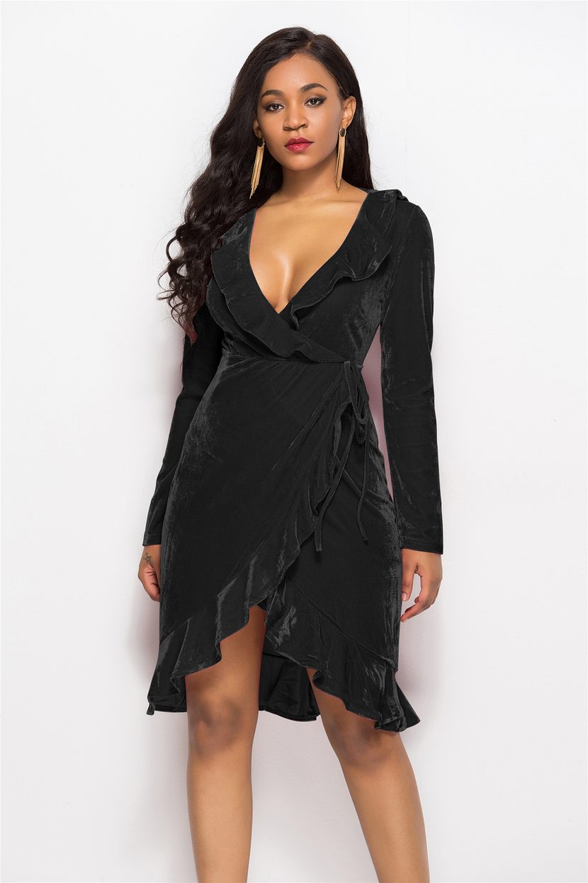 Plus Size Womens Gold Velvet Dress with Ruffle Hem and V Neck for Parties and Events
