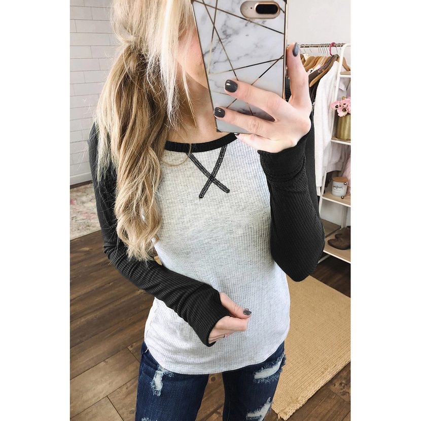 Womens Long Sleeve T Shirt Slim Fit Color Block Design Thumb Hole Detail Spring Autumn Casual Wear