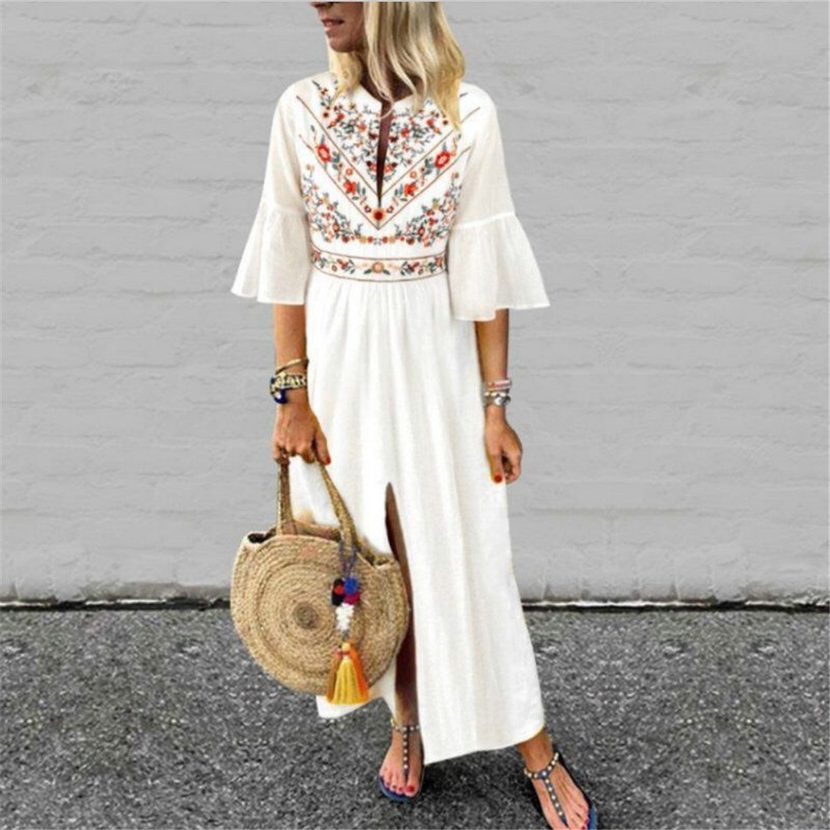 Bohemian A Line Dress Loose Fit Half Sleeve Floral Print Color Block Casual Wear for Summer Whol