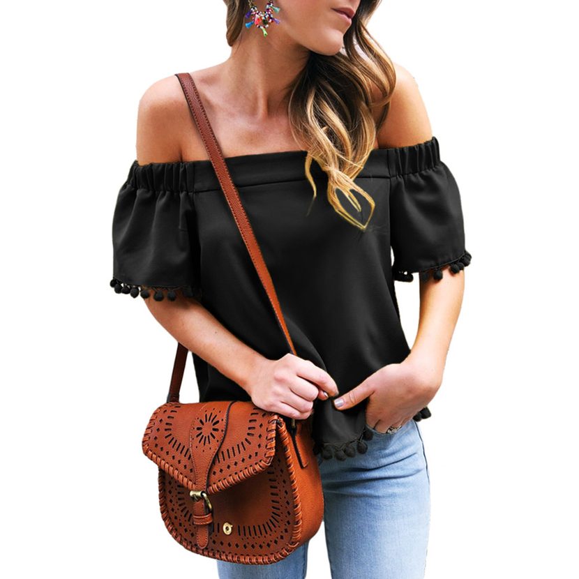 Womens Summer Top Short Sleeve Off Shoulder Fringe Detail Solid Color Casual Wear Wholesale Avai