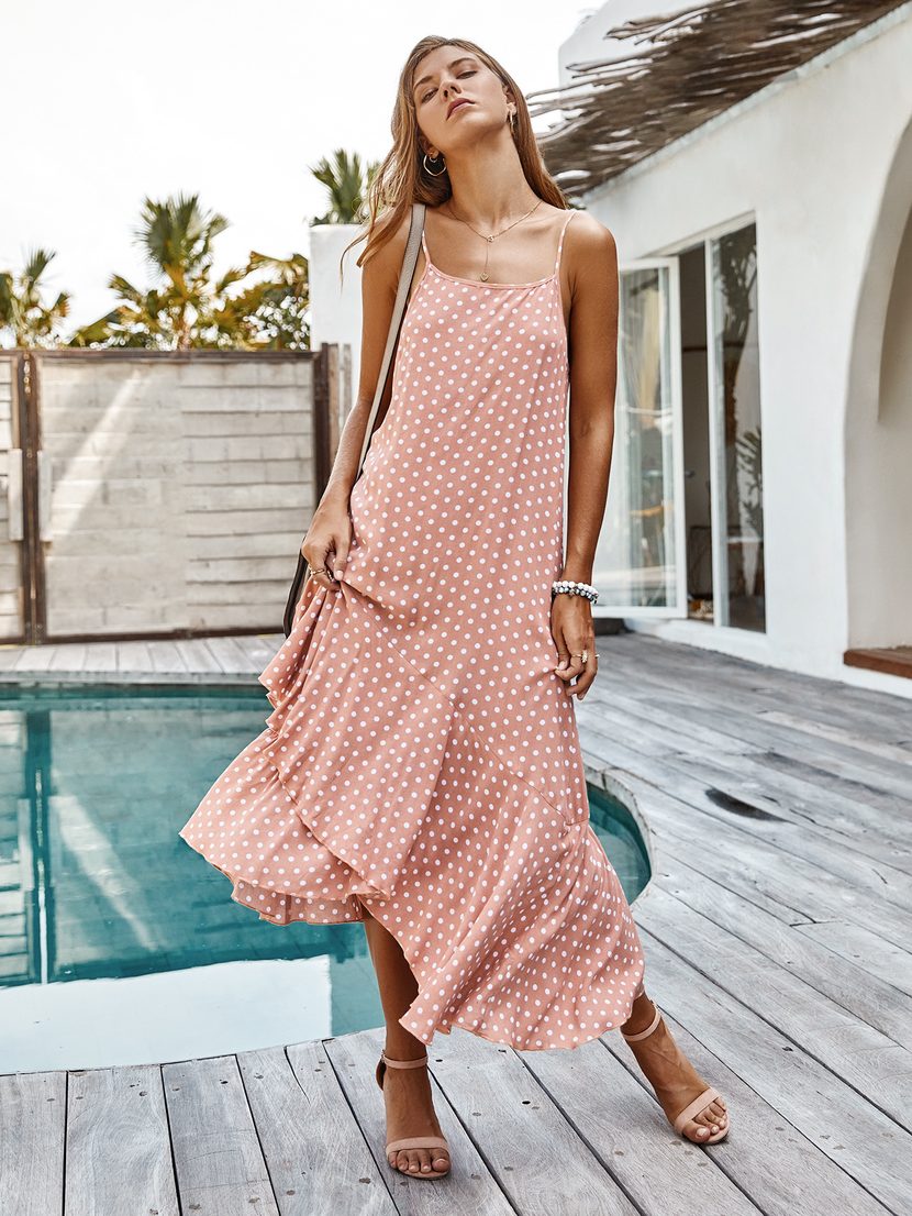 Bohemian Ruffle Hem Polka Dot Dress Original Design Spring Fashion Sleeveless Lightweight Fabric