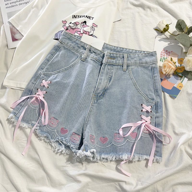 Japanese Style High Waisted Denim Shorts Blue Embroidered Frayed Hem Cute Loose Fit Summer Casua