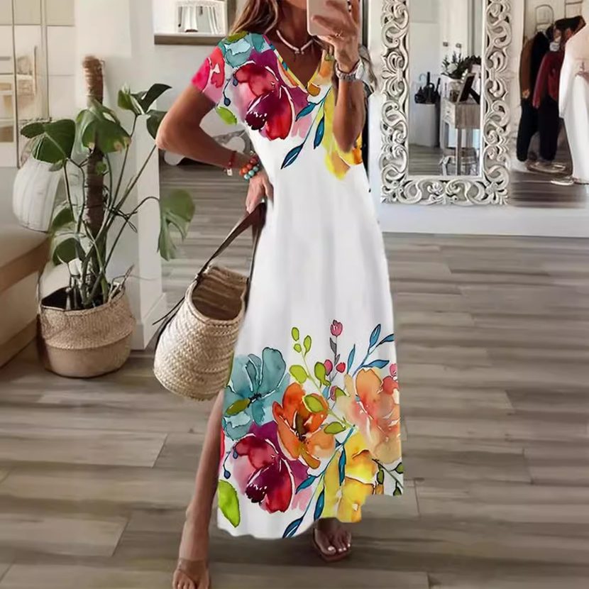 Floral Print V Neck Split Maxi Dress for Women Casual Vacation Style Available in Multiple Sizes Wholesale Supply