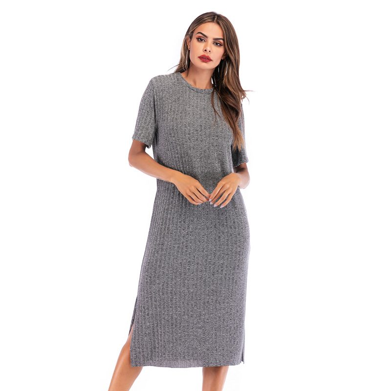 Womens Casual Solid Color Short Sleeve Round Neck Split Hem Dress Autumn Fashion Wholesale Avail