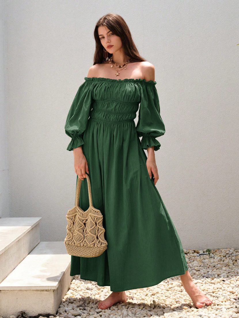 Off Shoulder Lantern Sleeve Maxi Dress Vintage Aesthetic Ruffled Bust Long Sleeve Flowy Design P