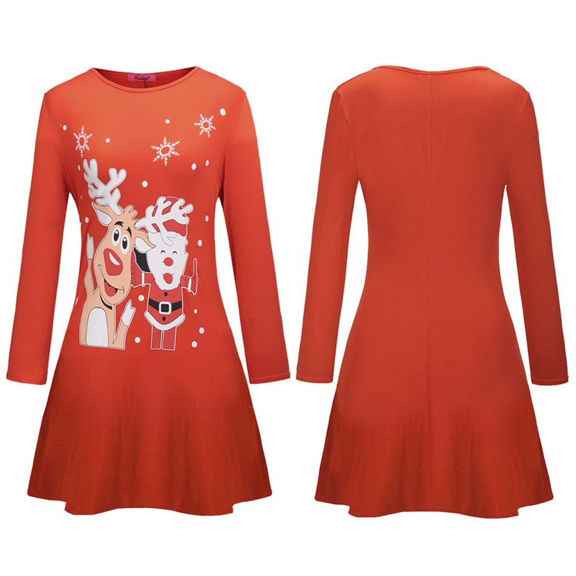 Christmas Dress for Women Snowman and Reindeer Print Long Sleeve Casual Holiday Wear