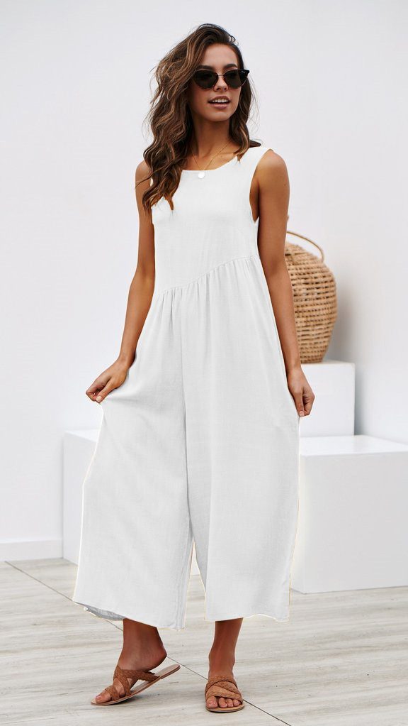 Womens Casual Jumpsuit Solid Color Comfortable Fit Sleeveless Design for Everyday Wear