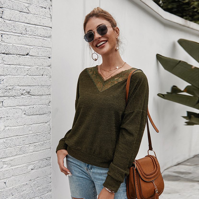 V Neck Knitted Sweater for Women Casual Fit Long Sleeve Lightweight Fabric Perfect for Spring and Fall