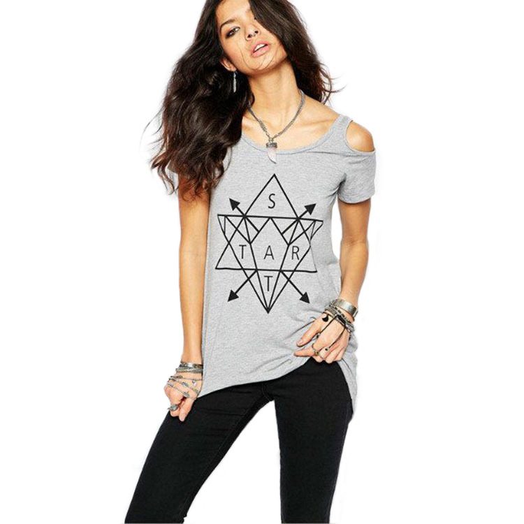 Geometric Print Off Shoulder T Shirt Short Sleeve Mid Length Stylish Design Casual Wear for Wome