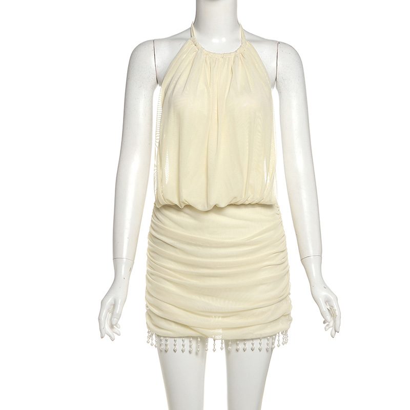 Summer Womens Dress Sexy Halter Neck Sleeveless Bodycon Fit Fringe Detail Beaded Accents Party o