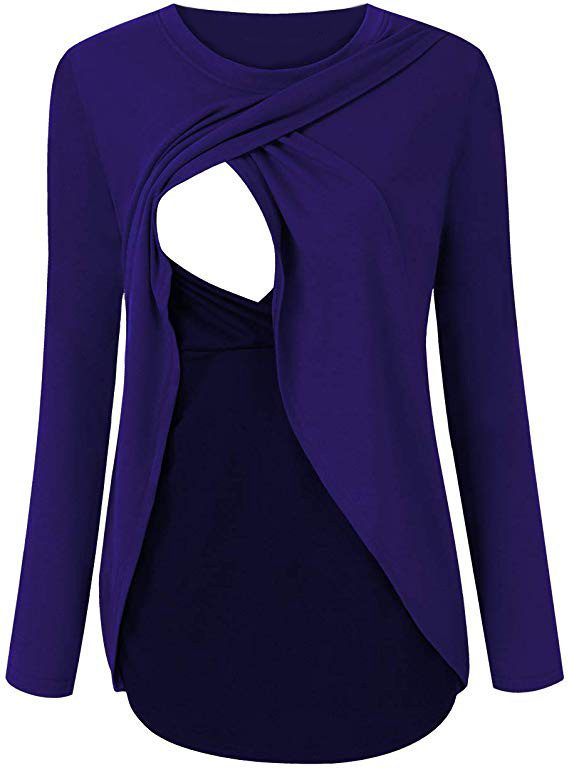 Maternity Nursing Top Casual Long Sleeve T Shirt with Side Pleats Comfortable for Breastfeeding