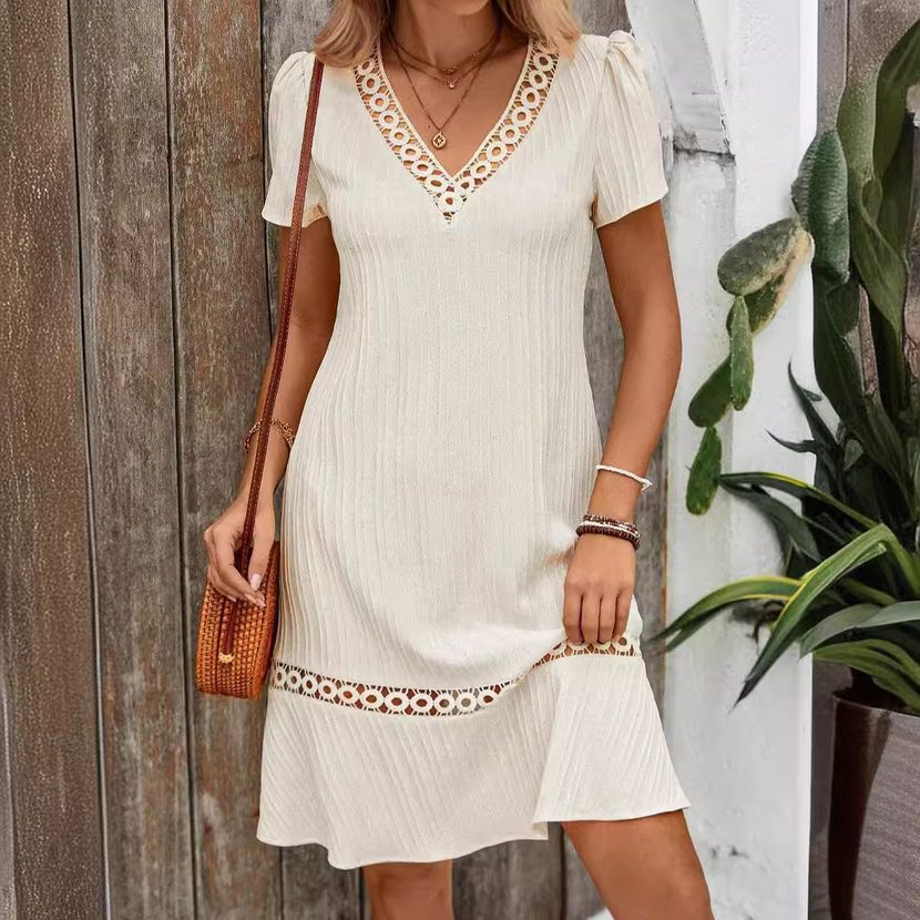 Lace Trim V Neck Loose Fit Dress Summer Style Casual Wear for Women Available for Wholesale cust