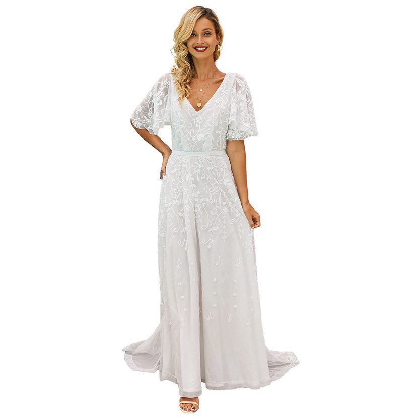 Summer Womens Evening Dress V Neck Short Sleeve Lace Floral Print Maxi Length Formal Events Whol