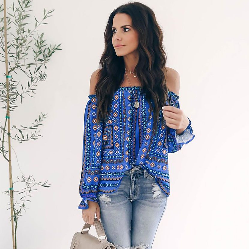 Womens Summer T Shirt Off Shoulder Loose Fit Floral Print Long Sleeve Casual Wear Wholesale Avai