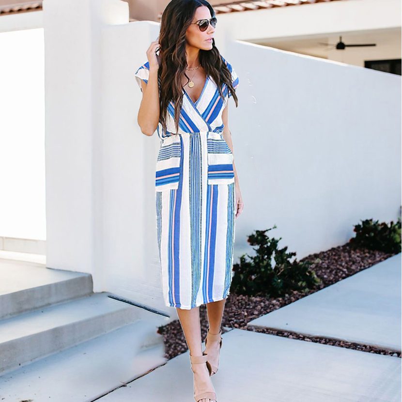 Sleeveless V Neck Blue and White Striped Maxi Dress Loose Fit High Waist Summer Style Wholesale