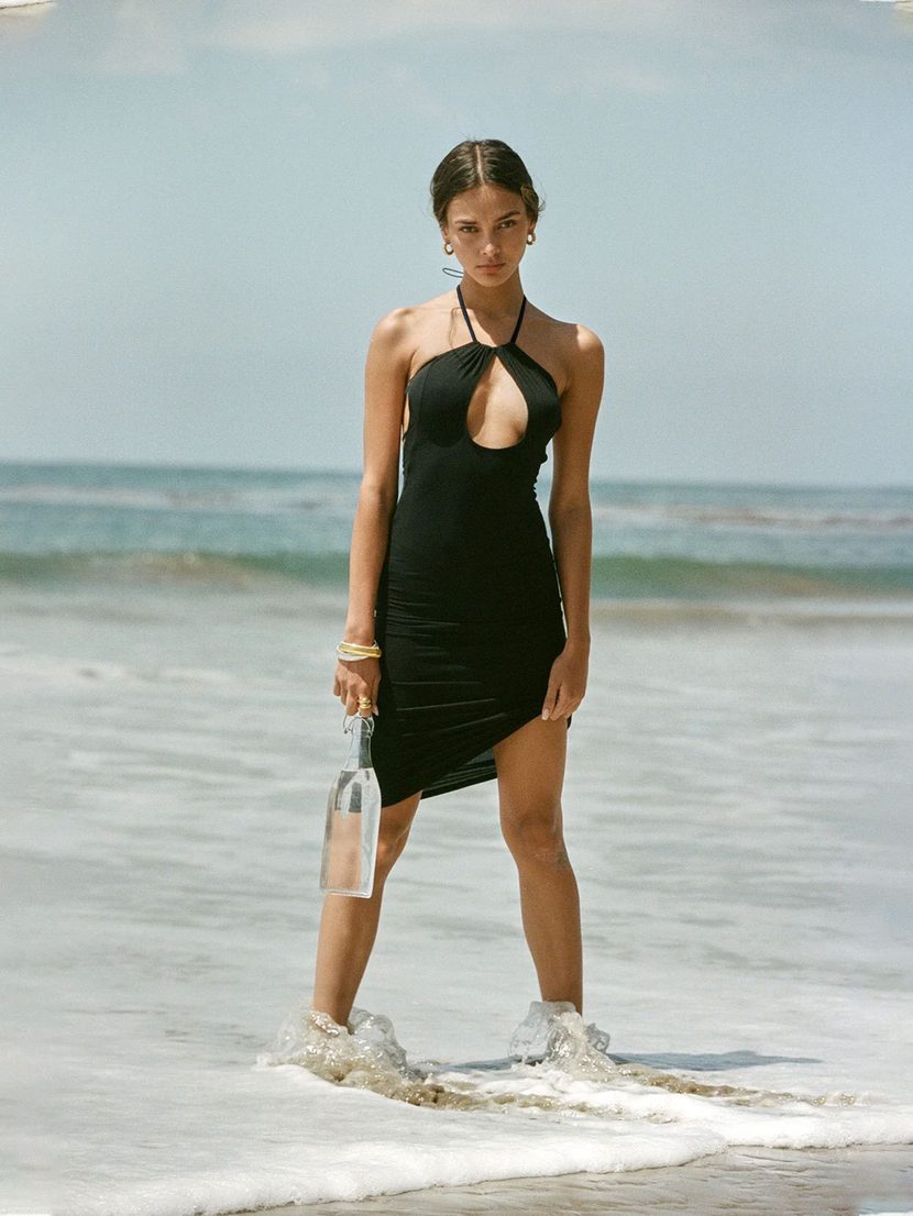 Summer Hollow Out Halter Neck Dress for Women Sexy Backless High Slit Slim Fit Beachwear for Vac