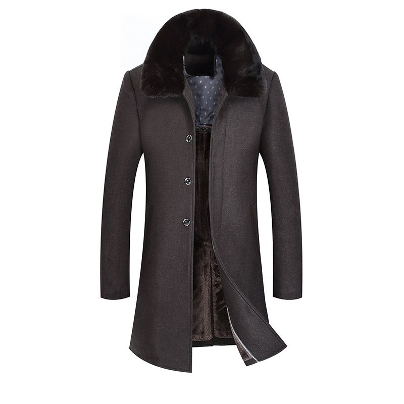 Mens Mid Length Wool Blend Overcoat Thickened Fabric Large Fur Collar Stylish Design Perfect for