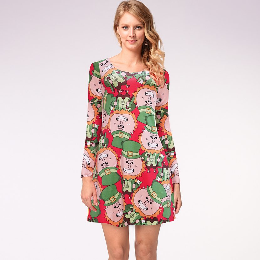 Long Sleeve Printed Dress Casual Style Autumn Winter Christmas Occasion Wholesale Available read