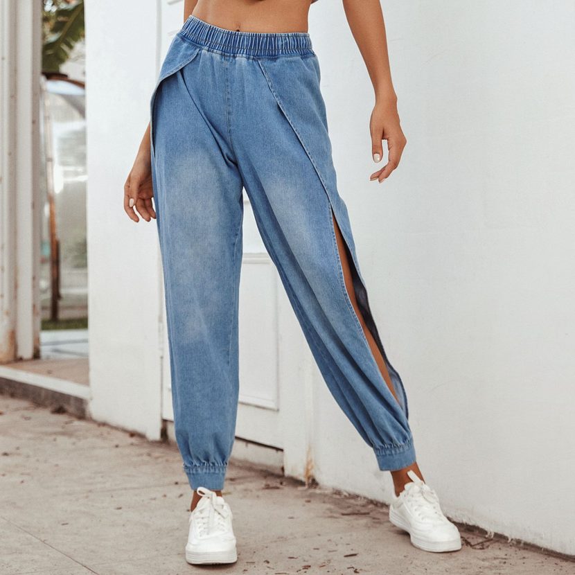 Casual Womens Denim Pants Side Slit Tapered Fit Comfortable Fabric Perfect for Everyday Wear Who