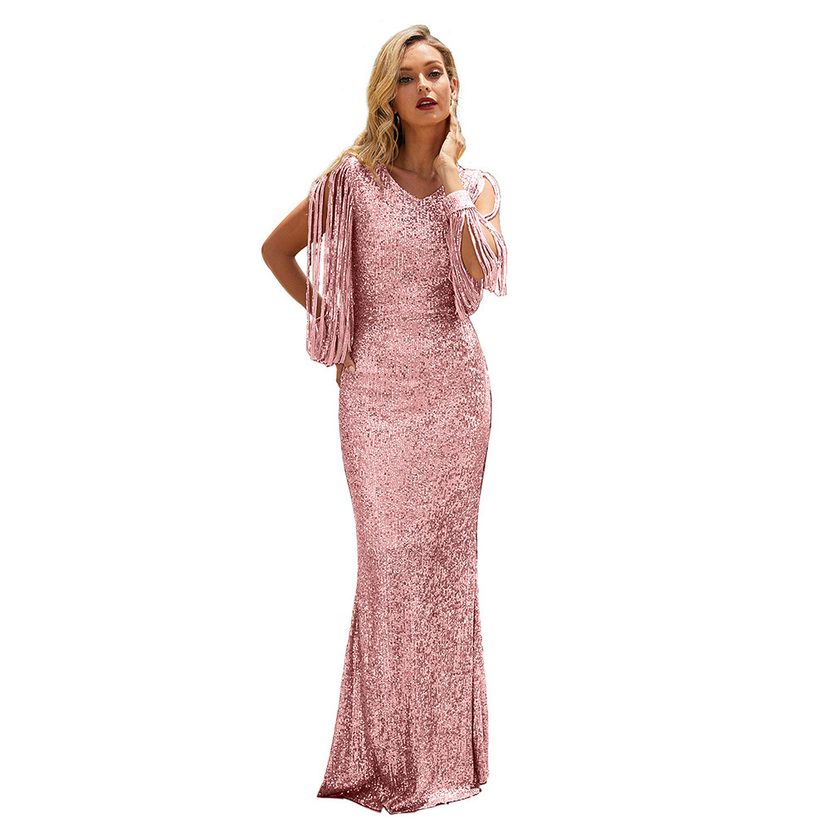 V Neck Long Sleeve Sequin Evening Gown Floor Length Elegant Party Wear Wholesale Available custo