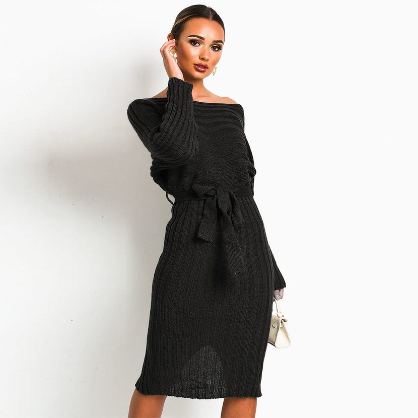 Knitted Sweater Dress for Women Solid Color Long Sleeve Tie Detail Fall Winter Casual Wear