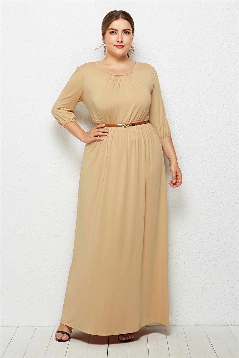 Plus Size Womens Casual Dress with Belt Round Neck Short Sleeve Comfortable Fabric Evening Wear