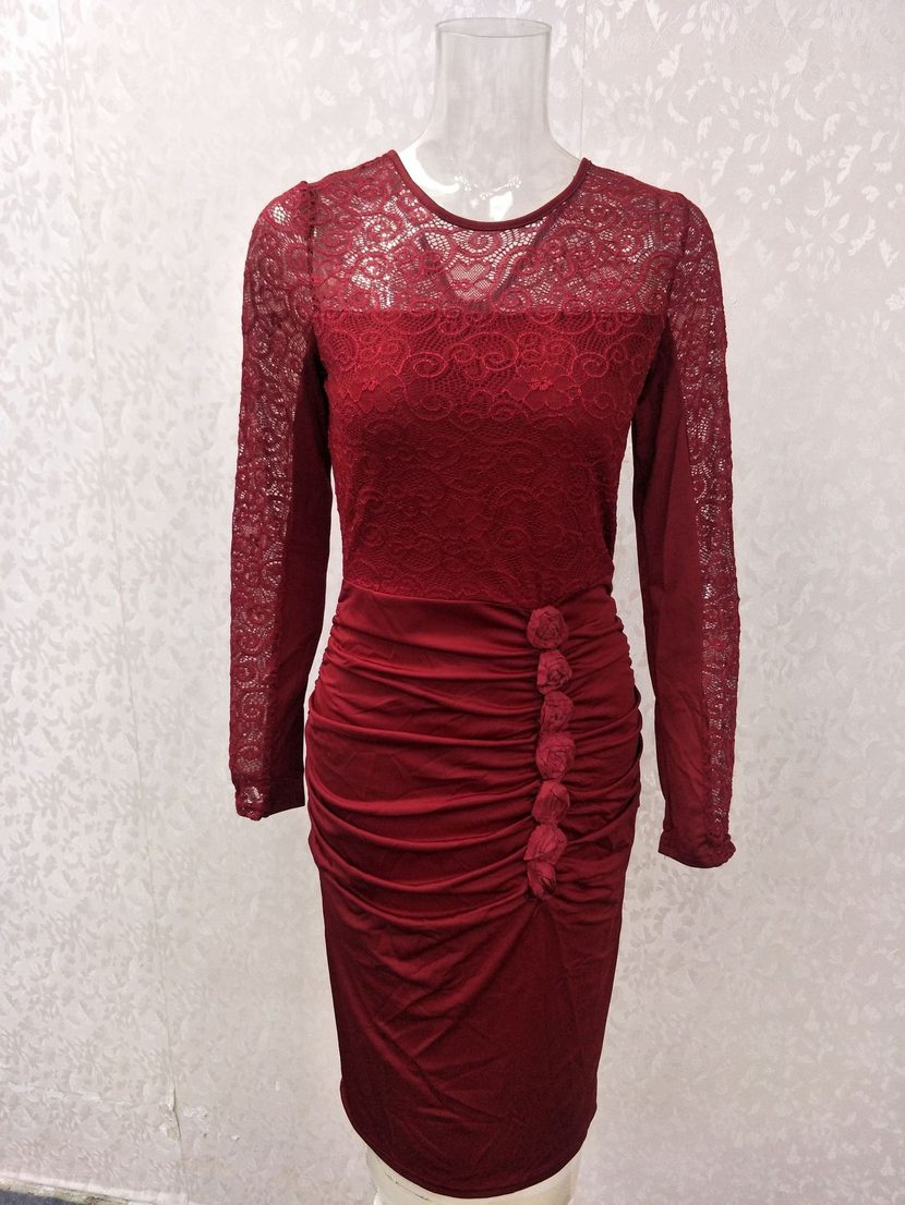 Lace Back Detail Dress for Women Pleated Round Neck Long Sleeve Elegant Evening Wear