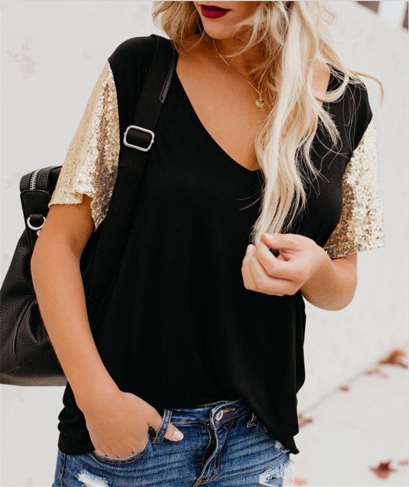 Womens Casual V Neck Sequin Short Sleeve T Shirt Summer Collection in Multiple Sizes