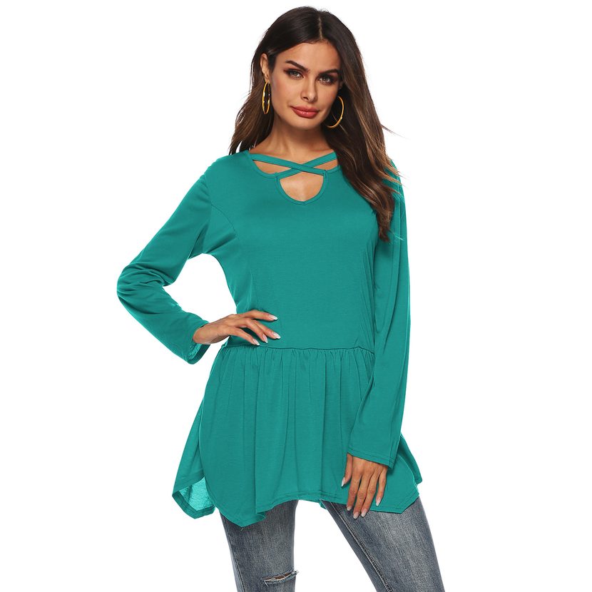 Womens Long Sleeve Cross Neck Solid Color Ruffle Hem T Shirt Casual Style Versatile Layering Who