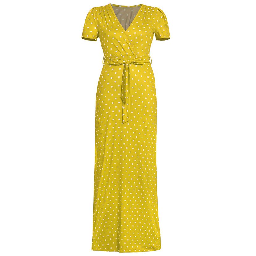 Summer Womens V Neck Floral Polka Dot Maxi Dress Short Sleeve Trendy Design Comfortable Fabric P